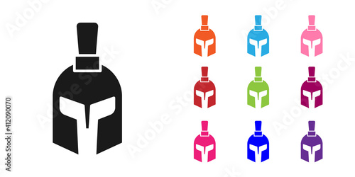 Black Greek helmet icon isolated on white background. Antiques helmet for head protection soldiers with a crest of feathers or horsehair. Set icons colorful. Vector.