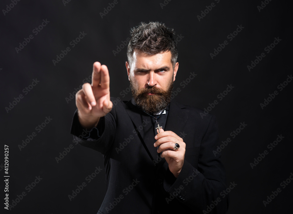 Portrait of monk man with pray. Priest praying oblation. Senior religion holy man with a confident expression. Isolated.