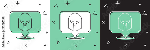 Set Greek helmet icon isolated on white and green, black background. Antiques helmet for head protection soldiers with a crest of feathers or horsehair. Vector.