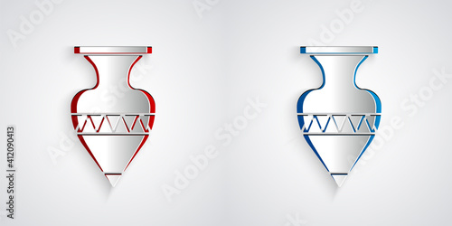 Paper cut Ancient amphorae icon isolated on grey background. Paper art style. Vector.