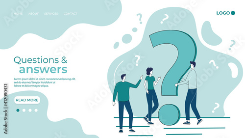 Questions and answers.Businessmen search for answers and solve problems next to a big question mark.support service, online consultations, reference agency.Flat vector illustration.
