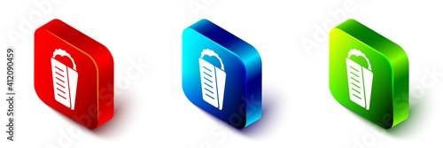 Isometric Gyros Pita Greek fast food traditional cuisine icon isolated on white background. Gyro with greek salad in tzatziki sauce wrapped sandwich. Red, blue and green square button. Vector.