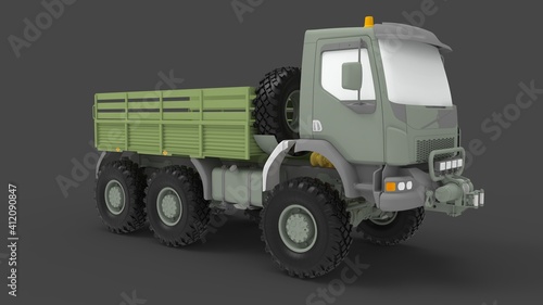 Army truck 3D rendering, millitary vehicle logistics lorry isolated in studio background