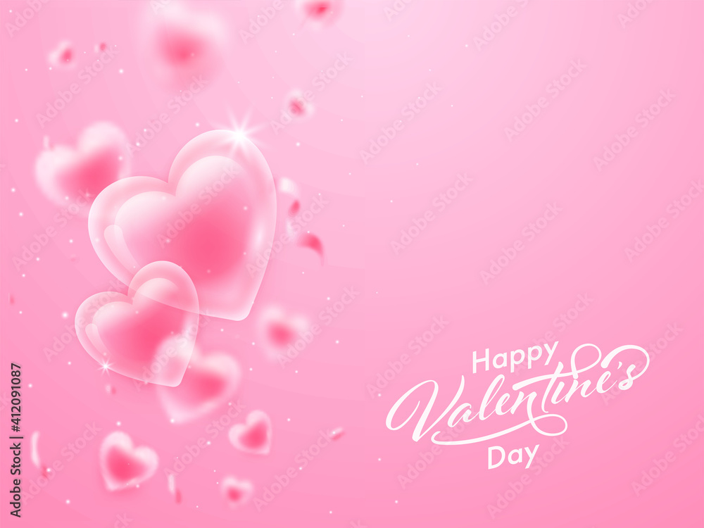 Happy Valentine's Day Font With Glossy Hearts And Confetti Decorated On Pink Background.