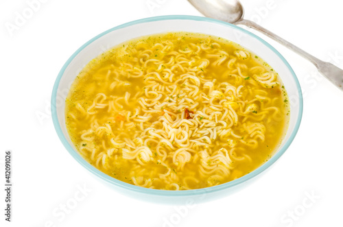 Broth with dry instant noodle. Photo Studio