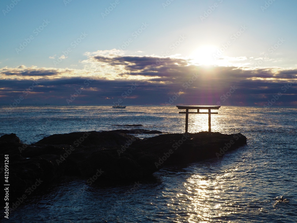 Kamiiso Torii Shrine Gate and Oarai Isosaki Shrine in japan Kamiiso Torii Shrine Gate and Oarai Isosaki Shrine in japan