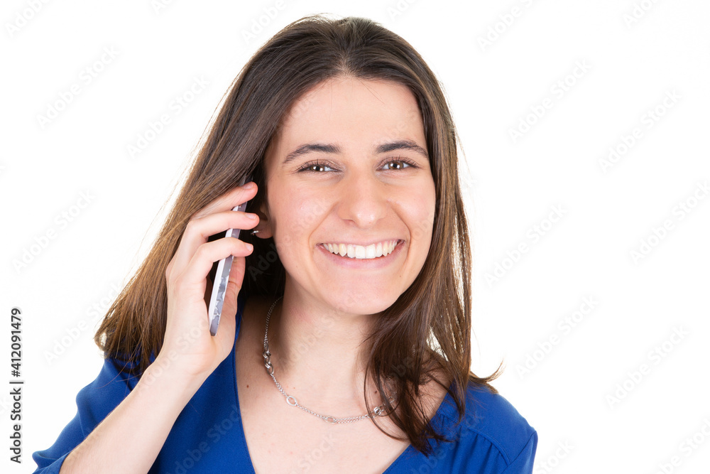 portrait of young happy woman talking on cell phone portrait of young happy woman talking on cell phone