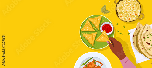 Top view of Indian food with copy space.