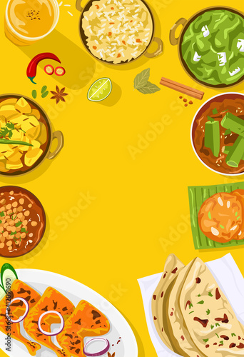 Top view of Indian food with copy space.