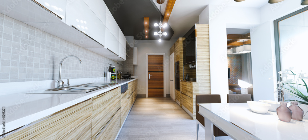3d modern wooden ceiling kitchen