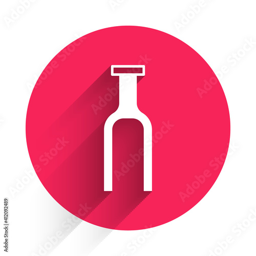 White Bicycle suspension fork icon isolated with long shadow. Sport transportation spare part steering wheel. Red circle button. Vector.