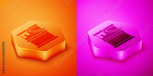 Isometric Paint bucket icon isolated on orange and pink background. Hexagon button. Vector.