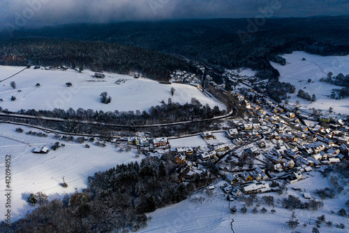 Aerial view, winter landscape near Hessenthal, Mespelbrunn, Bavaria, Germany