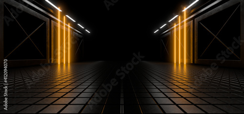 Fototapeta Naklejka Na Ścianę i Meble -  Sci Fy neon lamps in a dark tunnel. Reflections on the floor and walls. 3d rendering image.