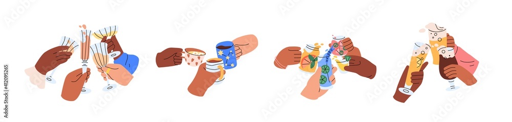 Friends hands holding glasses and mugs with champagne, wine, beer, cocktail and tea, and cheers or drinking toast to friendship. Colored graphic flat vector illustration isolated on white background Friends hands holding glasses and mugs with champagne, wine, beer, cocktail and tea, and cheers or drinking toast to friendship. Colored graphic flat vector illustration isolated on white background