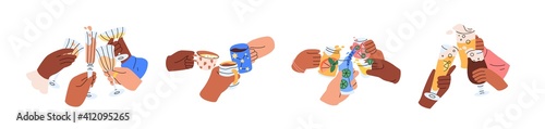 Friends hands holding glasses and mugs with champagne, wine, beer, cocktail and tea, and cheers or drinking toast to friendship. Colored graphic flat vector illustration isolated on white background