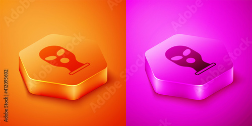 Isometric Balaclava icon isolated on orange and pink background. A piece of clothing for winter sports or a mask for a criminal or a thief. Hexagon button. Vector.