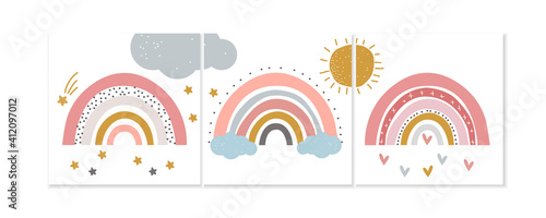 Three baby cute rainbow graphic illustration. Art rainbow color brush stroke. Baby design for birthday invitation or baby shower, poster, clothing, nursery wall art and postcard.