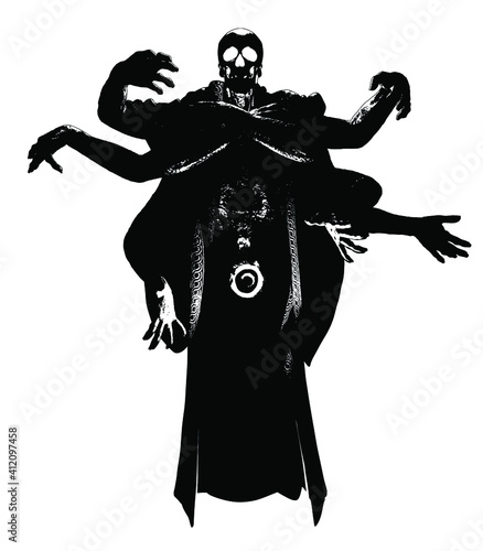 The black silhouette of a sinister skeleton lich, a necromancer with many creepy hands in different poses forming a magical sphere of energy. she is parting in the air wearing a loose robe. 2d 