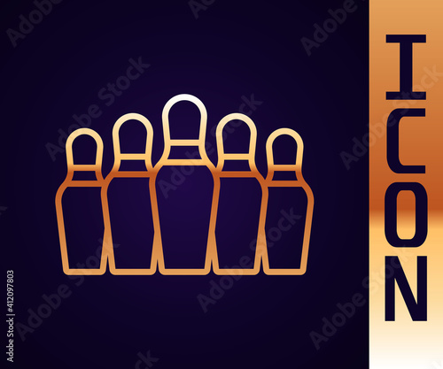 Gold line Bowling pin icon isolated on black background. Vector.
