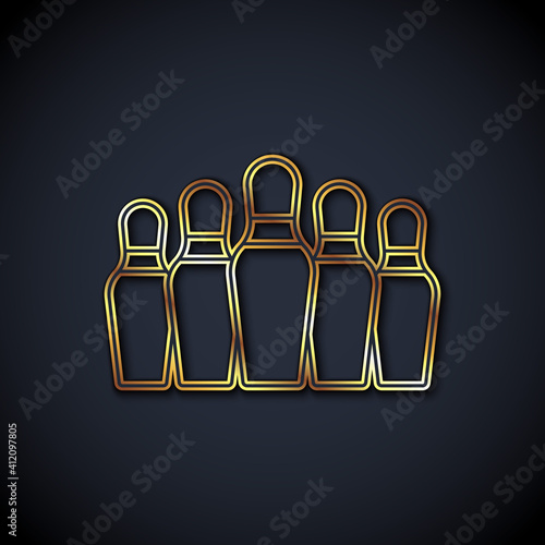 Gold line Bowling pin icon isolated on black background. Vector.
