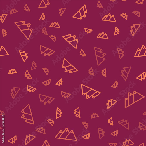 Brown line Mountains icon isolated seamless pattern on red background. Symbol of victory or success concept. Vector.