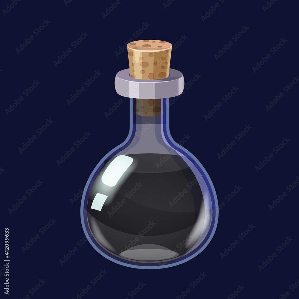 Bottle with liquid black potion magic elixir game icon GUI. Vector illstration for app games user interface Bottle with liquid black potion magic elixir game icon GUI. Vector illstration for app games user interface
