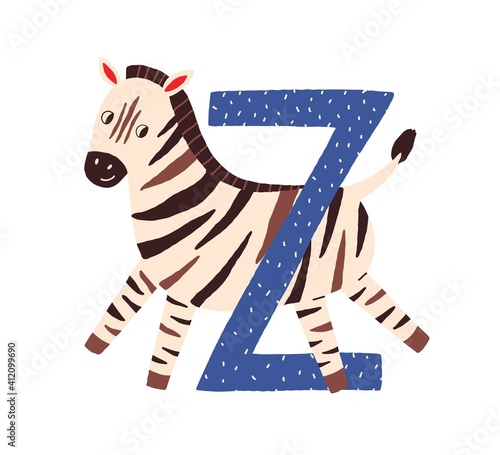 Capital letter Z of childish English alphabet with cute zebra in Scandi style...