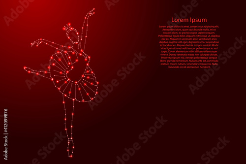 Balerina, balette dencer in the pose arabesque from futuristic polygonal red lines and glowing stars for banner, poster, greeting card. Vector illustration.