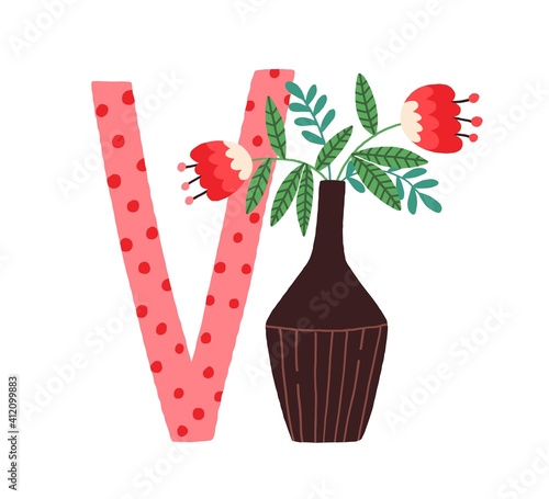 Capital letter V of childish English alphabet with vase in Scandinavian style...