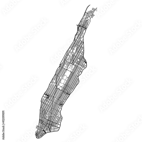 Manhattan map of black lines of automobile roads different thickness on white background. Vector illustration.
