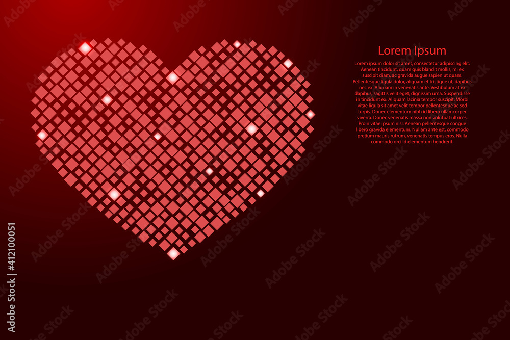 Heart is a symbol of love for Valentine's Day from red pattern rhombuses of different sizes and glowing space stars grid. Vector illustration.