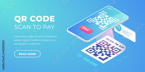 QR code scan to pay banner. 3d Scanning barcode on smartphone screen, QR pay isometric vector concept. Online contactless payment with electronic pay, Digital mobile phone cashless payment