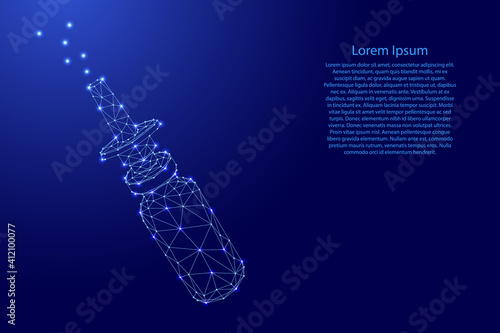 Nasal spray bottle for the treatment of runny nose, pharmacy medicine from futuristic polygonal blue lines and glowing stars for banner, poster, greeting card. Vector illustration.