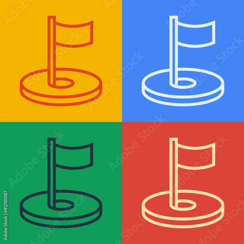 Pop art line Golf hole with flag icon isolated on color background. Vector.