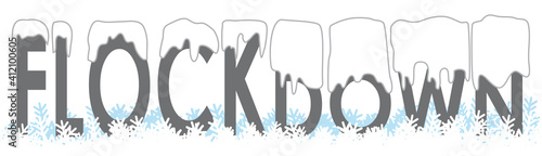 Flockdown Schriftzug Buchstaben, Graffiti, mit Schnee, weiß, grau, schwarz, isoliert, Vektor, Illustration