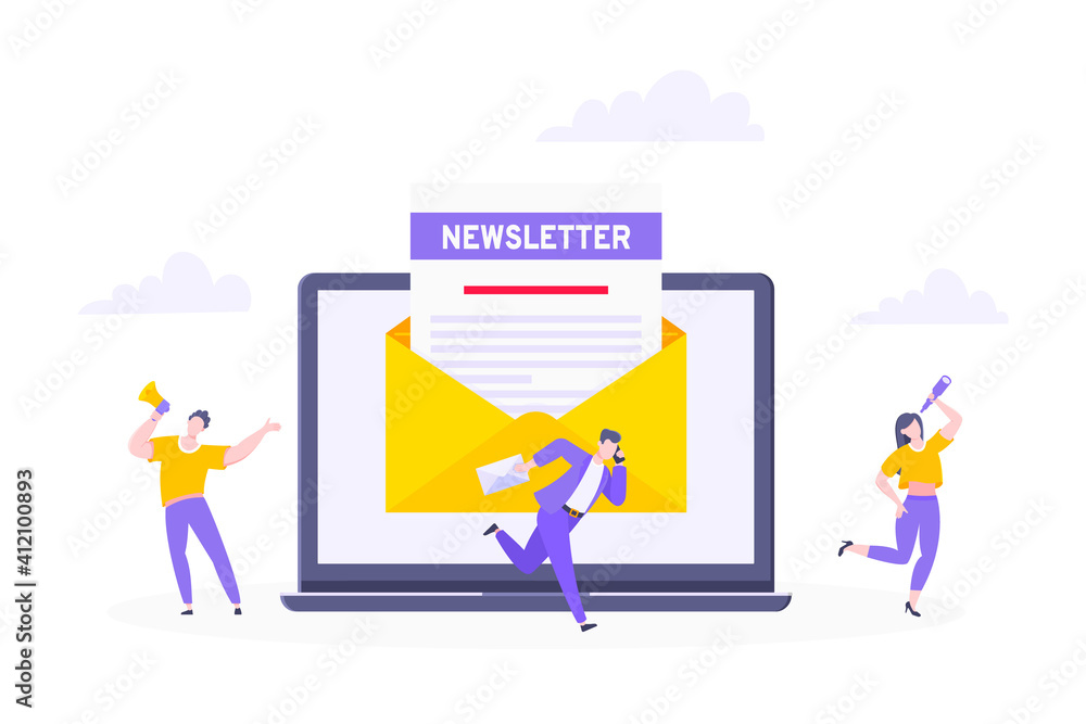 Subscribe now to our newsletter vector illustration with tiny people working with laptop, envelope and newsletter. Email news subscription or mail marketing business flat style design concept. Subscribe now to our newsletter vector illustration with tiny people working with laptop, envelope and newsletter. Email news subscription or mail marketing business flat style design concept.