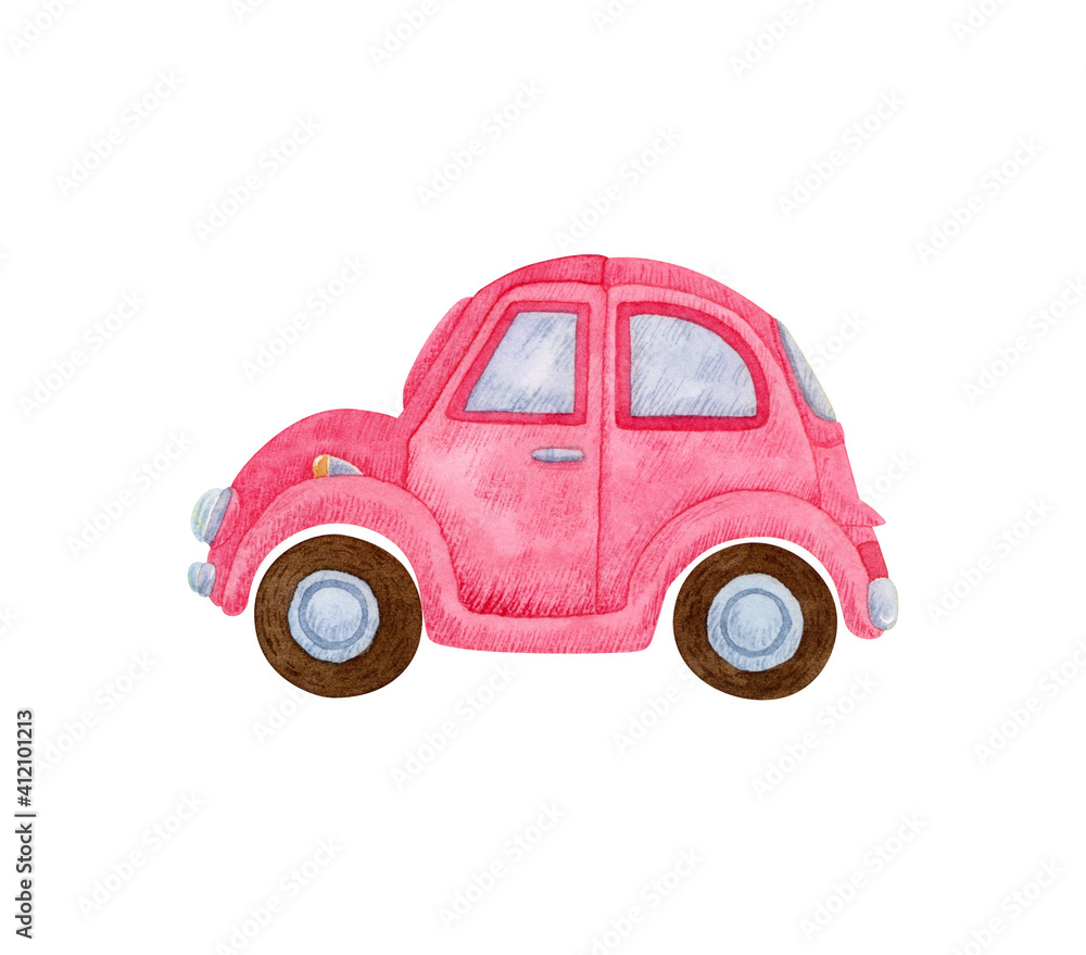 手描き水彩 | ピンク色の車