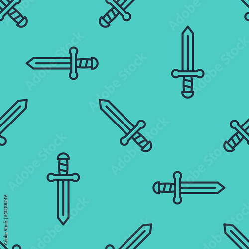 Black line Medieval sword icon isolated seamless pattern on green background. Medieval weapon. Vector.