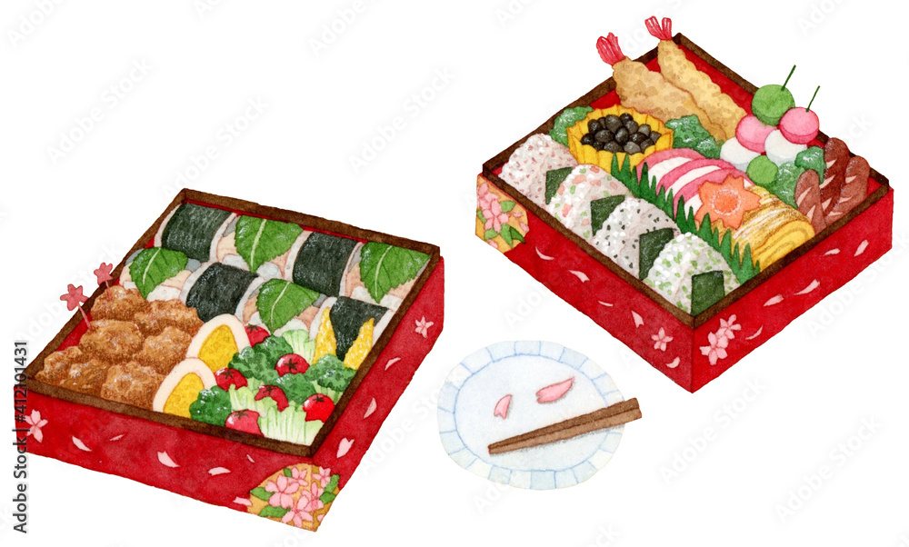 手描き水彩 お重弁当 桜 背景素材イラスト Stock Illustration Adobe Stock 手描き水彩 お重弁当 桜 背景素材イラスト Stock Illustration Adobe Stock