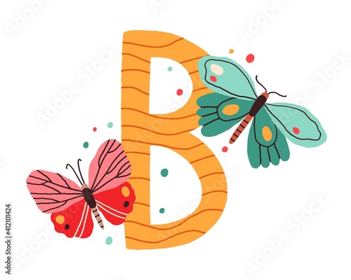Capital letter B of childish English alphabet with cute butterflies. Kids Latin font for nursery and preschool education. Colorful hand-drawn flat vector illustration isolated on white background