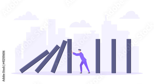 Domino effect or business resilience metaphor vector illustration concept. Adult young businessman pushing falling domino line business concept of problem solving and stopping domino chain reaction.