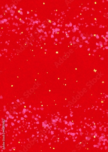 赤色の和紙に桜吹雪と金箔が描かれた背景
