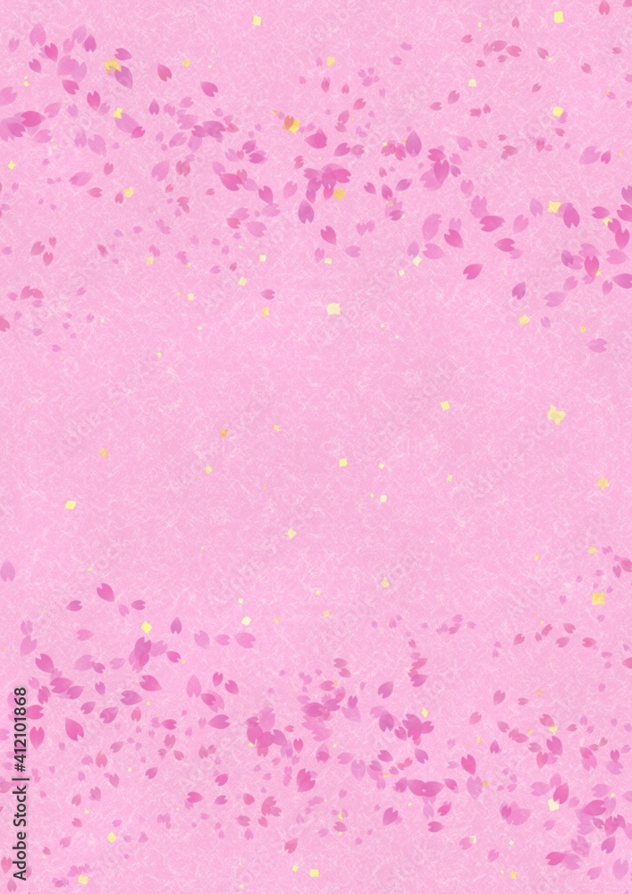 ピンク色の和紙に桜吹雪と金箔が描かれた背景