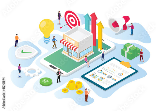 online store promotion concept team work people working on data and marketing tools to promote with modern isometric 3d style