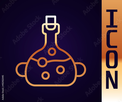 Gold line Poison in bottle icon isolated on black background. Bottle of poison or poisonous chemical toxin. Vector.