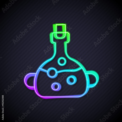 Glowing neon line Poison in bottle icon isolated on black background. Bottle of poison or poisonous chemical toxin. Vector.