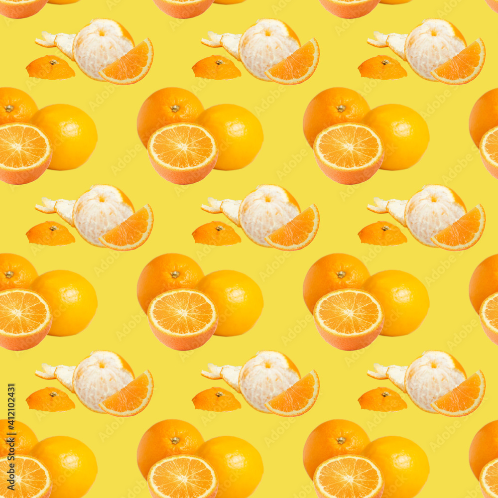 Oranges and tangerines on a yellow background. Seamless pattern. ..