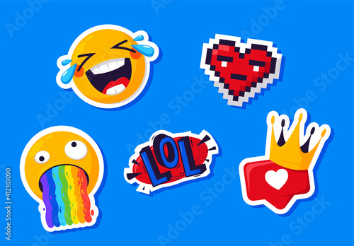 Vector illustration of a collection of funny cool emoji stickers, lol, like with crown, pixel heart