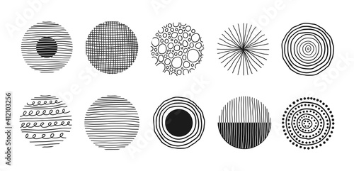 Modern abstract set black round shapes with lines, circles, drops on white background. Vector hand drawn illustration